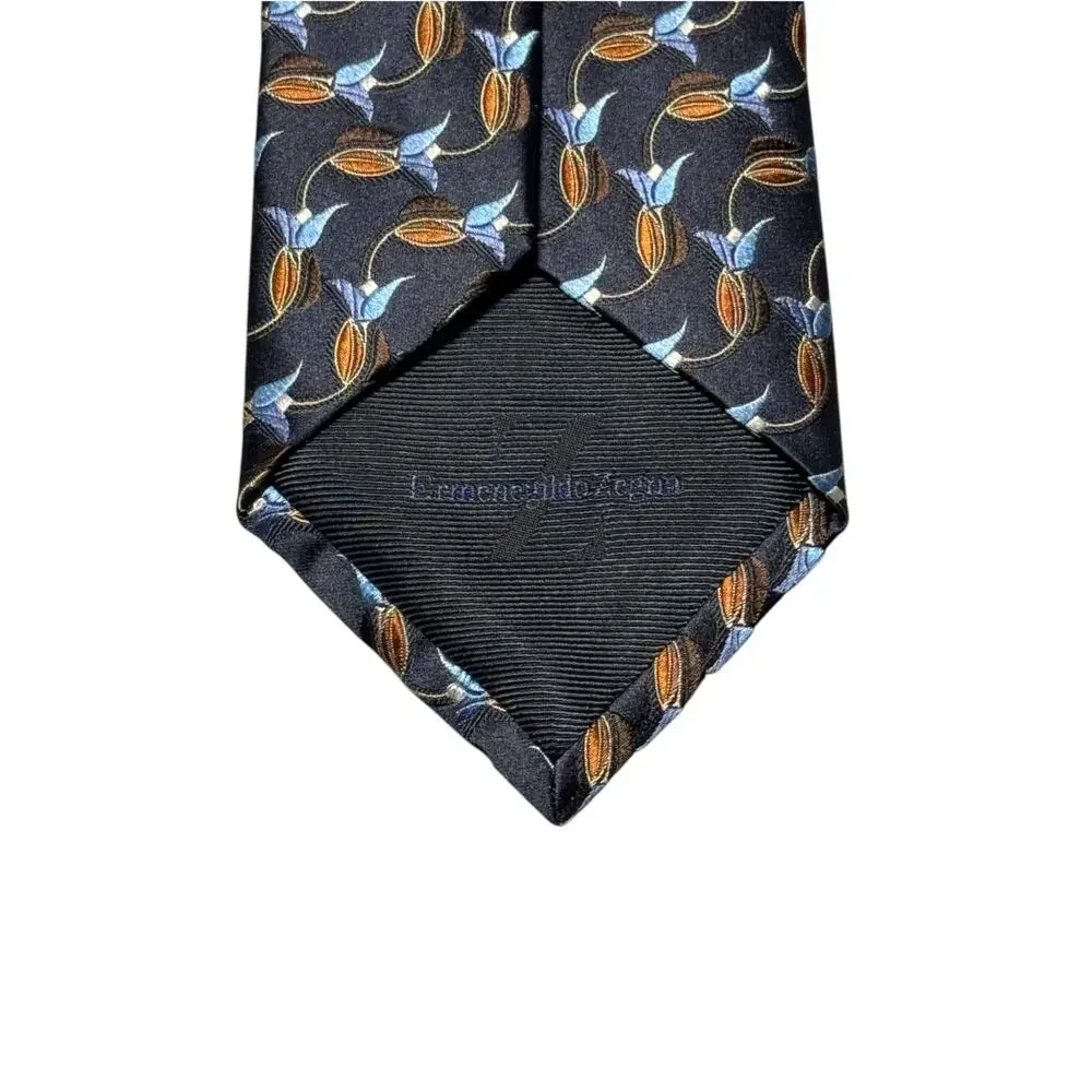 Ermenegildo Zegna Designer Tie Mens Navy Blue Silk Floral Bud Motif Adjustable